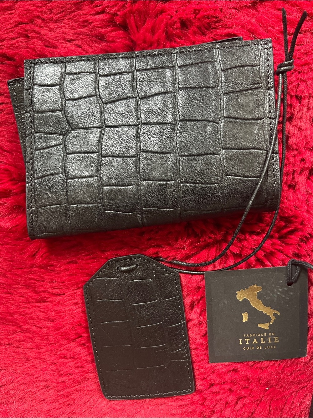 D'Autore Black Croc-Embossed Leather Wallet Set